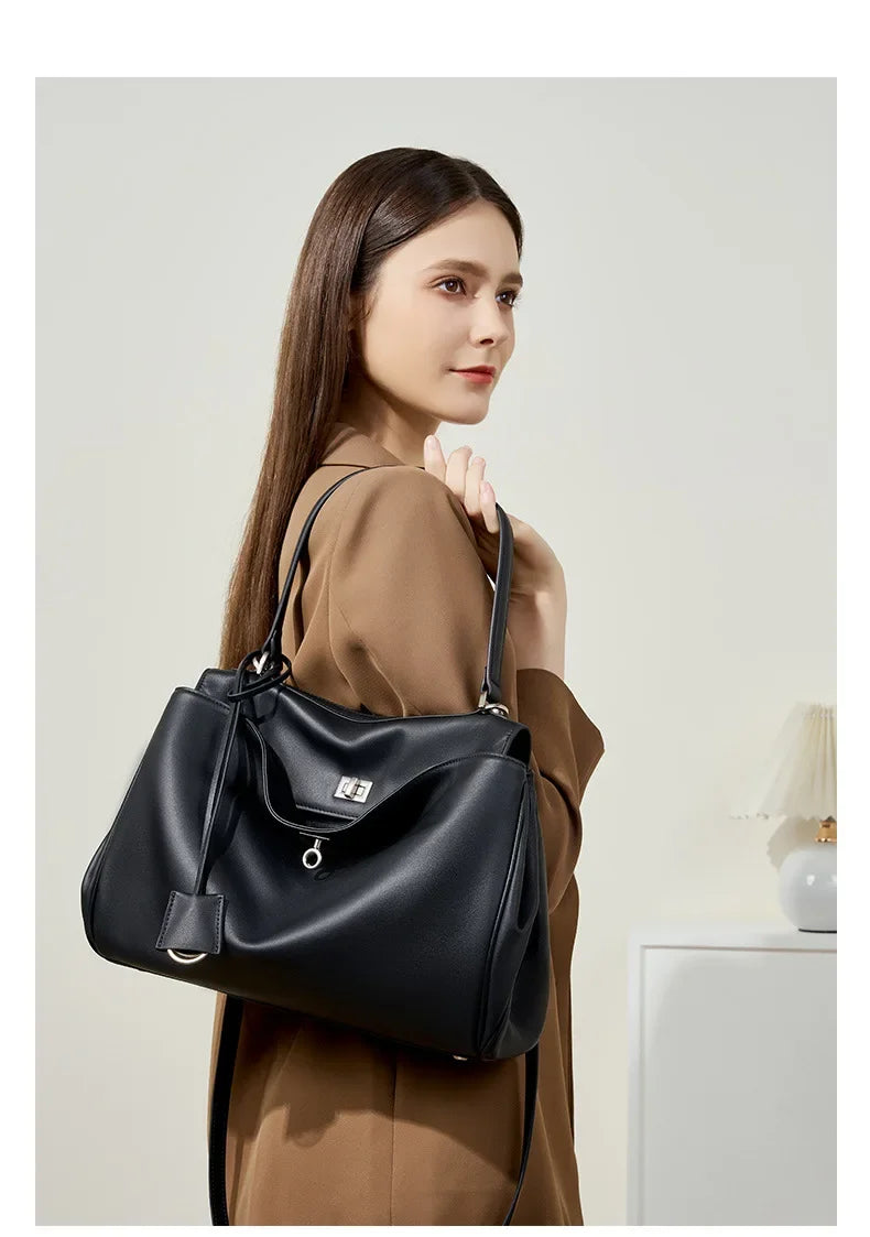2025 New Luxury Tote Bag for Women Genuine Split Cow Leather Crossbody Shoulder Bag Top-Handle Work Lock Closure Underarm Purse