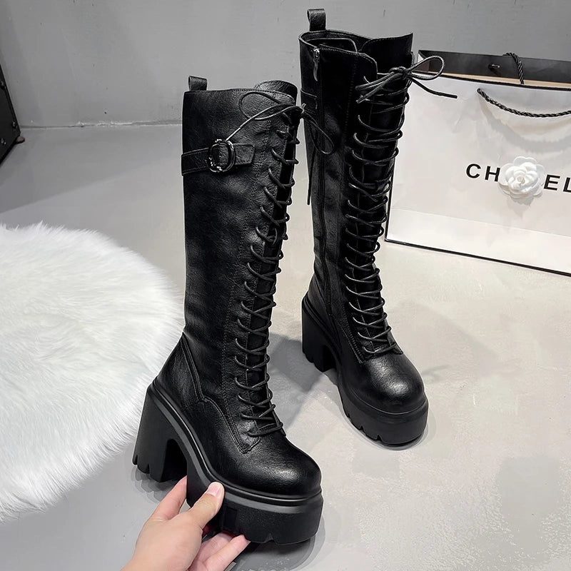 Knee High Women's Boots Lace Up High Heels Shoes Platform Chelsea Boots Winter 2025 Sexy Snow Long Boots Zip Pumps Mujer Botas