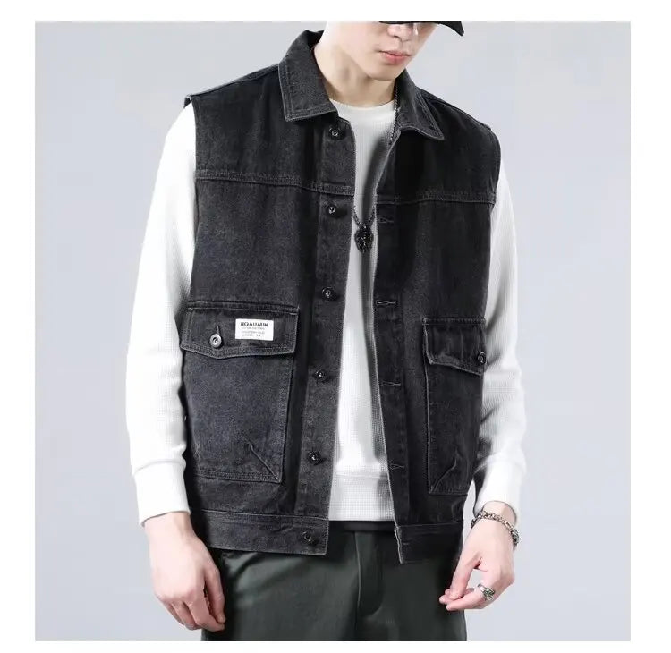 Spring Vintage Design Mens Denim Vest Male Retro Sleeveless Jackets Men Ripped Hole Button Jean Waistcoats Clothing 4XL
