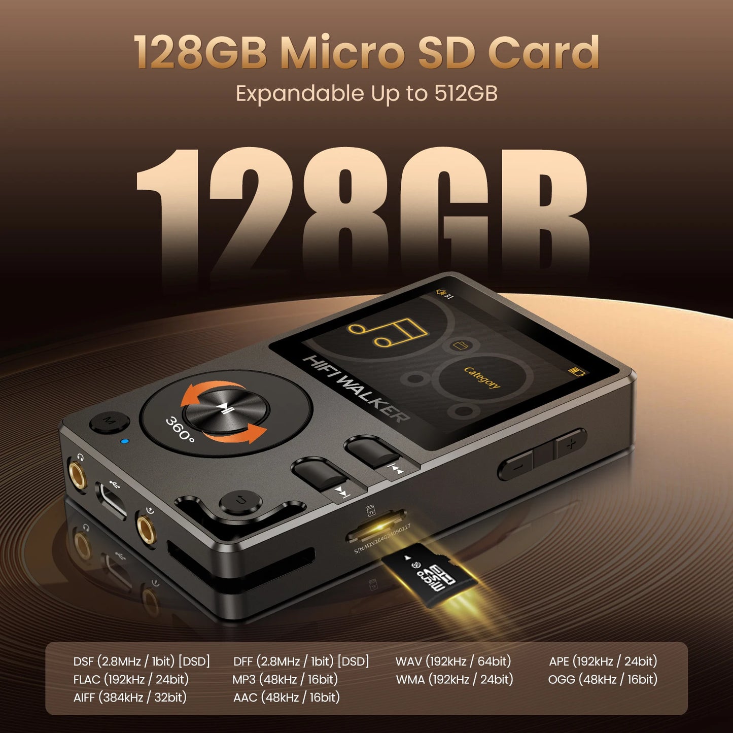 HIFI WALKER H2 Hi-Res MP3 Music Player Bluetooth Portable 128GB High Sound Quality  DAC FLAC APE Type-C Digital Audio Player