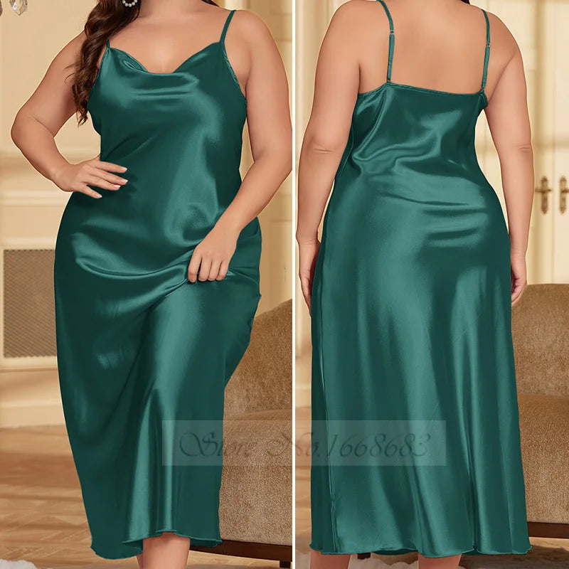 Large Size Female Nightgown Sexy Long Suspender Nightgown Intimate Lingerie Summer New Satin Chemise Sleepwear Loose Home Wear