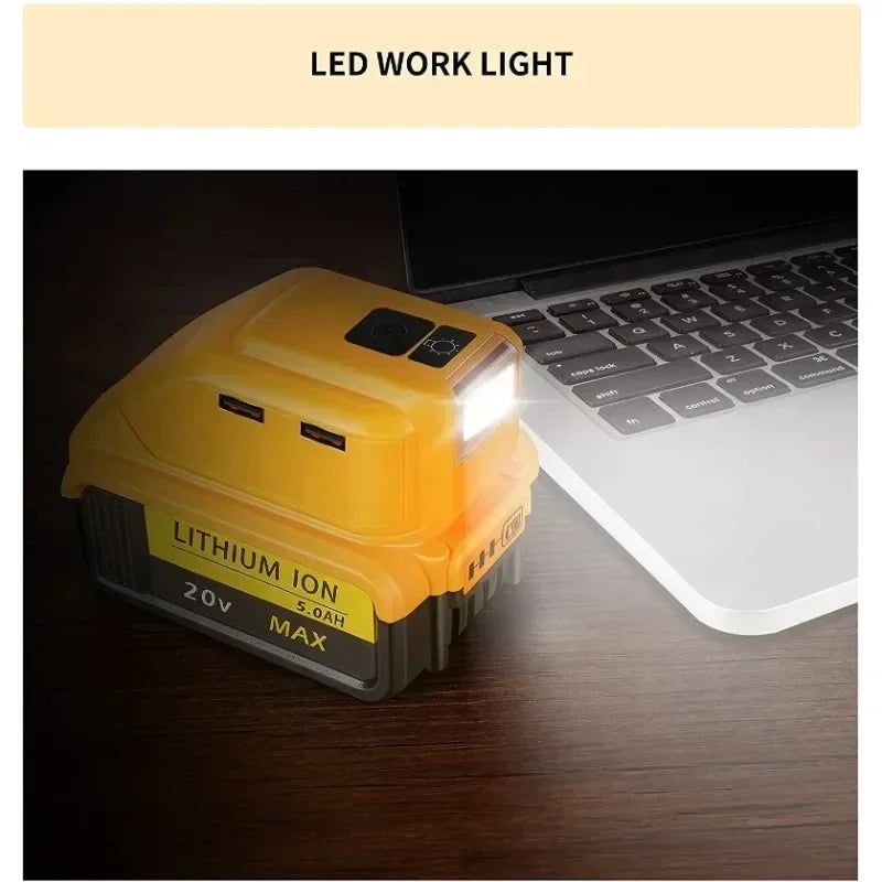 Replacement DCB090 Power Source For Dewalt 20V 18V Battery Adapter with Dual USB DC 12V LED Work Light Converter Power Supply