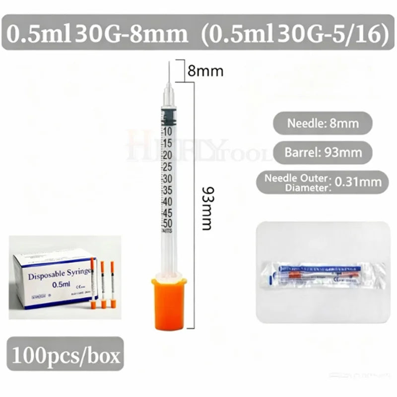 100Pcs 0.3ml/0.5ml/1ml Sterile Individually Syringe 29Gx13mm 31G 8mm 6mm needles for Pet Veterinary Lab Industrial Dispensing