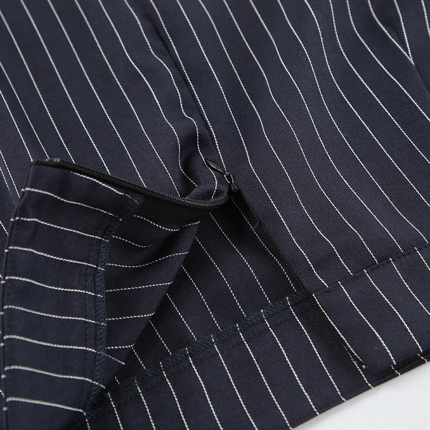 Women's Matching Sets 2026 Woman Navy Blue Striped V-neck Waist Small Suit Top Short A-shaped Skirt Women's Two-piece Set