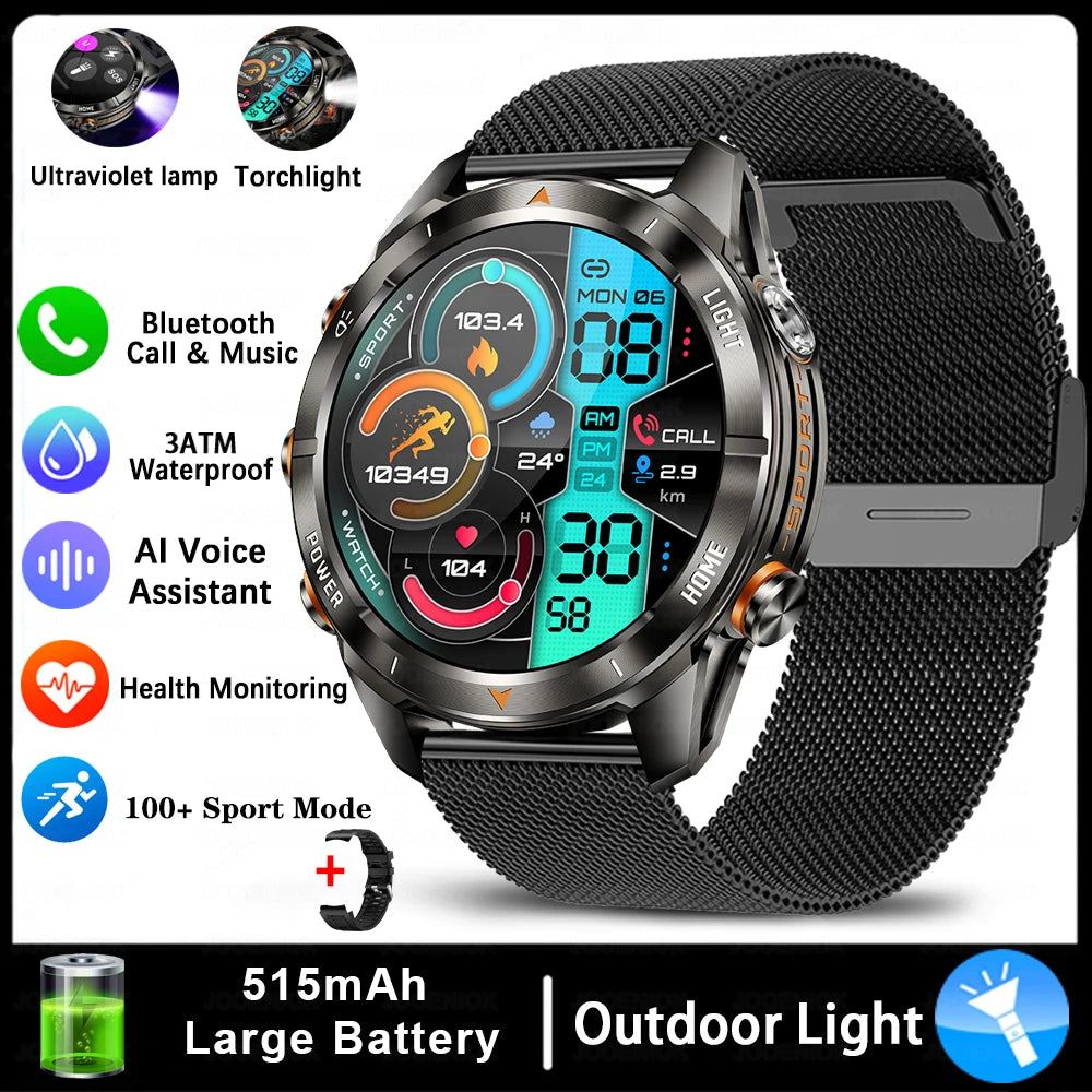Military Smart Watch Men 10ATM Waterproof 1.46" AMOLED Screen LED Flashlight 515mAh Battery Heart Rate Sport BT Call Smartwatch