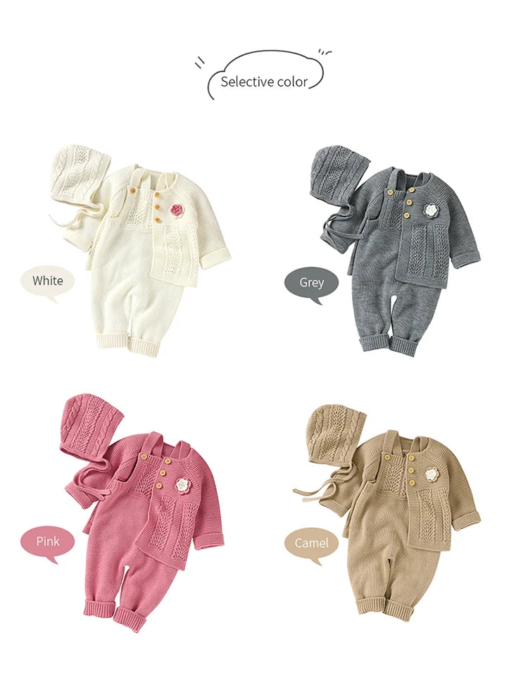 Baby Romper Set Knit Autumn Newborn Girl Boy Long Sleeve Coat Jumpsuit Outfit Hat 3PC Fashion Solid Infant Clothing Suit Sweater