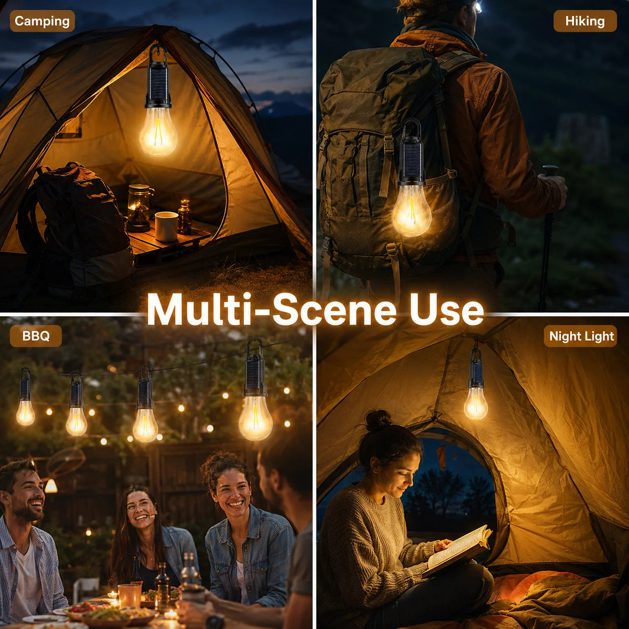Solar Camping Light Bulb USB Rechargeable Hanging Tent Lamp Waterproof Portable Outdoor Lantern for Camping BBQ Garden Decor