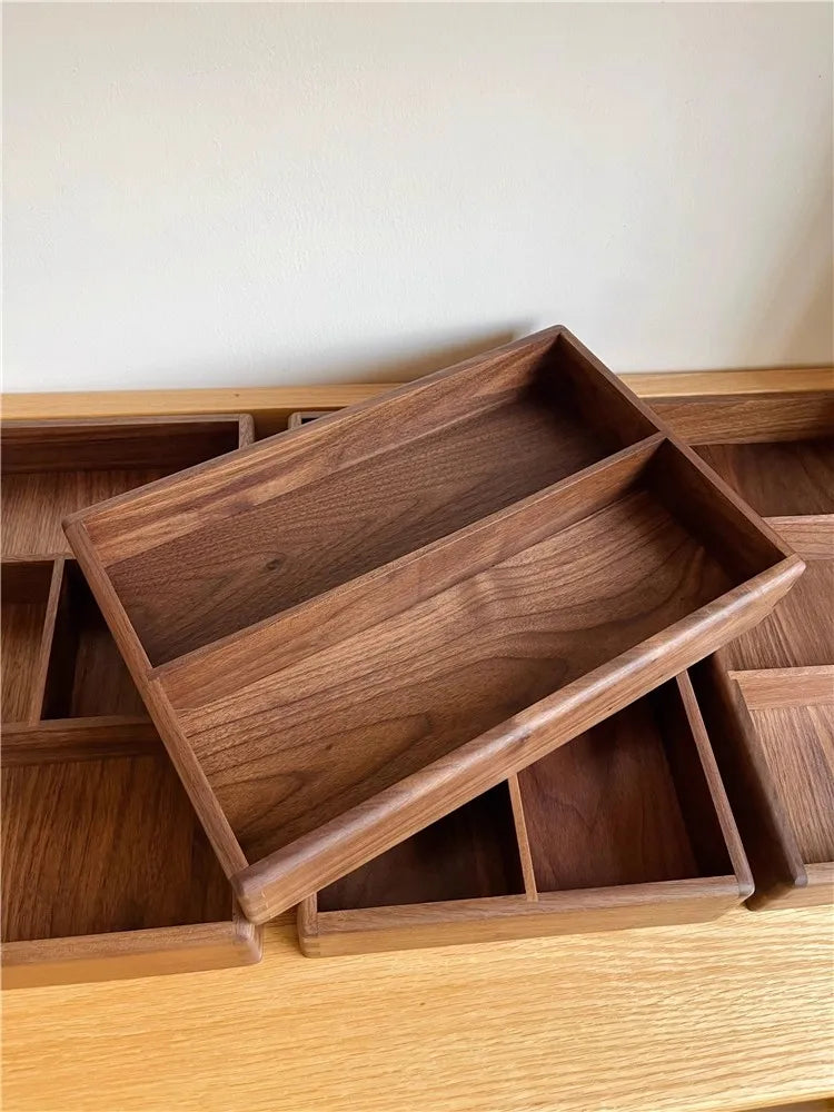 Compartment Solid Walnut Desk Organizer Precision-Crafted Wooden Storage Box for Office Supplies & Stationery