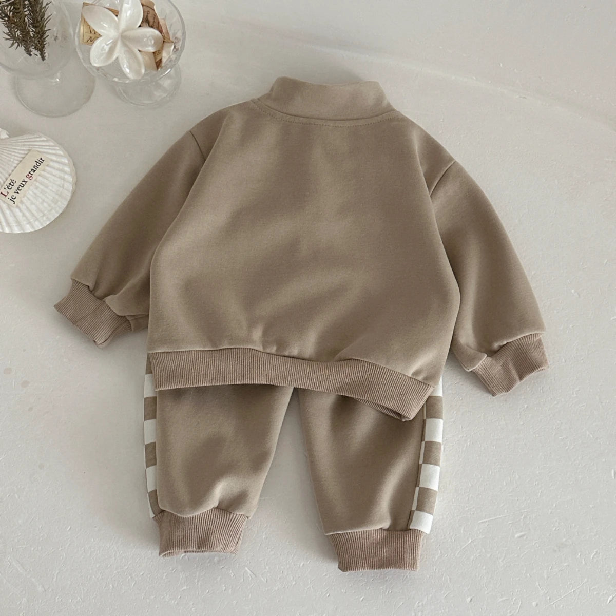 Spring Autumn Baby Boy Checkerboard Stand‑Collar Sweatshirt Set, Infant Khaki Splice Jogger Pants 2‑Pcs Outfit