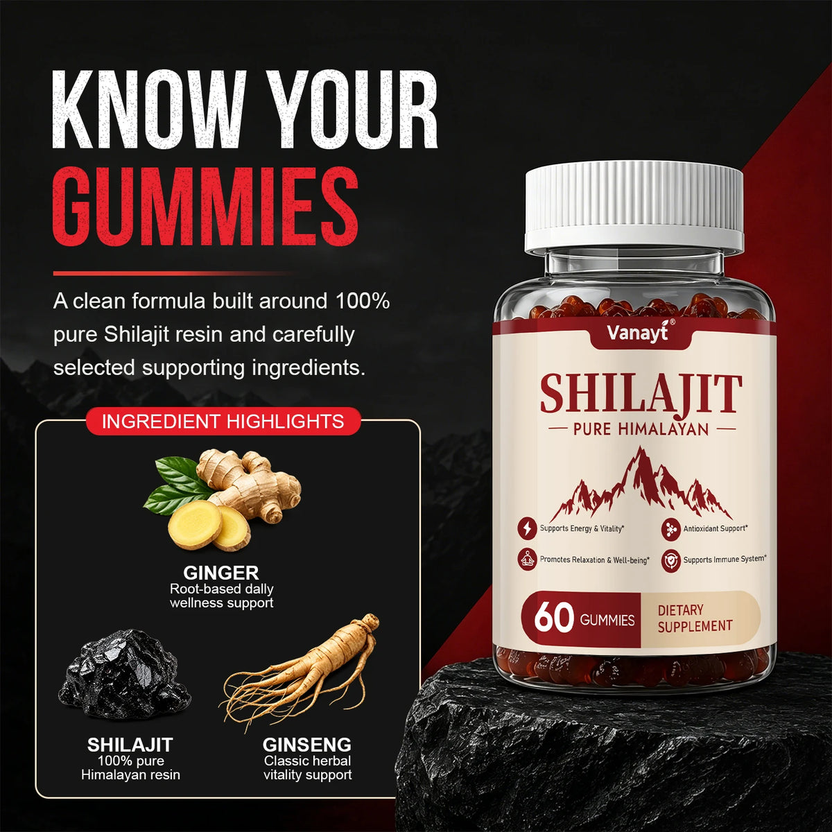 3000mg Shilajit Mineral Gummies Supports Natural Vitality Mental Wellness Balanced Mood For Daily Health 60 Count