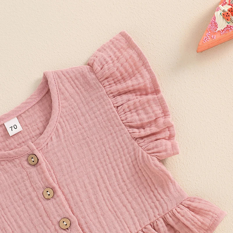 Pudcoco Little Girl 2 Piece Summer Set, Fly Sleeve Button Down Ruffled Tops Bow Elastic Waist Shorts Baby Toddler Set 6M-4T