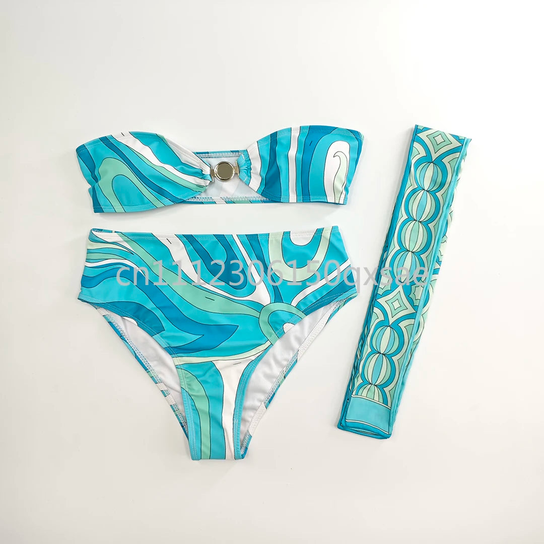 Women's Pink Headband Scarf Swimsuits with Letter Signature Logo Lady Headband Scarf Bikini Sets Beachwear Swimwear