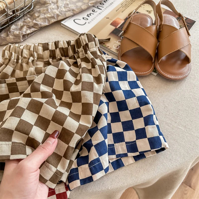deer jonmi 2023 Summer Korean Style Children Plaid Patchwork Shorts Baby Boys Casual Chic Loose Shorts Kids Clothes