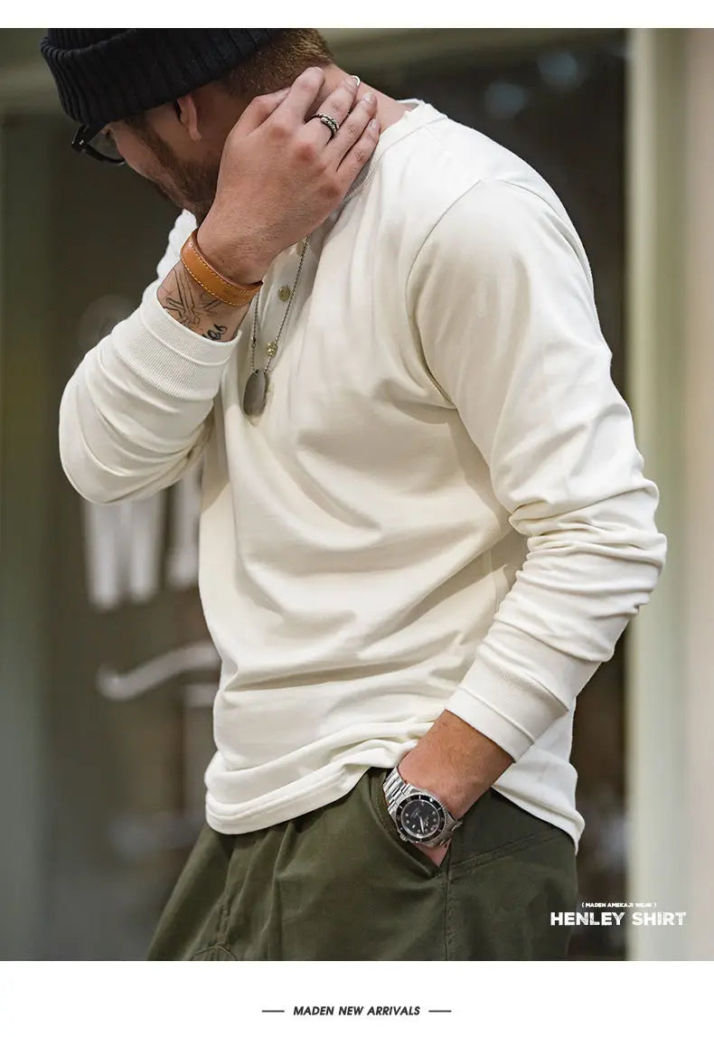 Vintage Daily Stand Neck T-shirt Men's Solid Patchwork Button Trendy Temperament Simple Cotton Long Sleeved Top JJ356