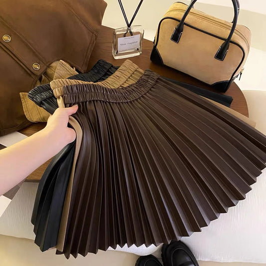 Skirts Girls Spring Autumn New PU Leather Pleats Short Korean Fashion Elastic Waist Children Clothing 2024 loose