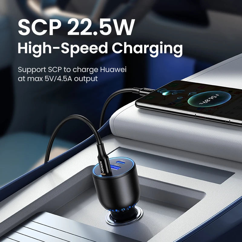 UGREEN 130W Car Charger Quick Charging PD3.0 Fast USB Type C Car Phone Charge For iPhone 14 13 Pro Max Laptops Tabet