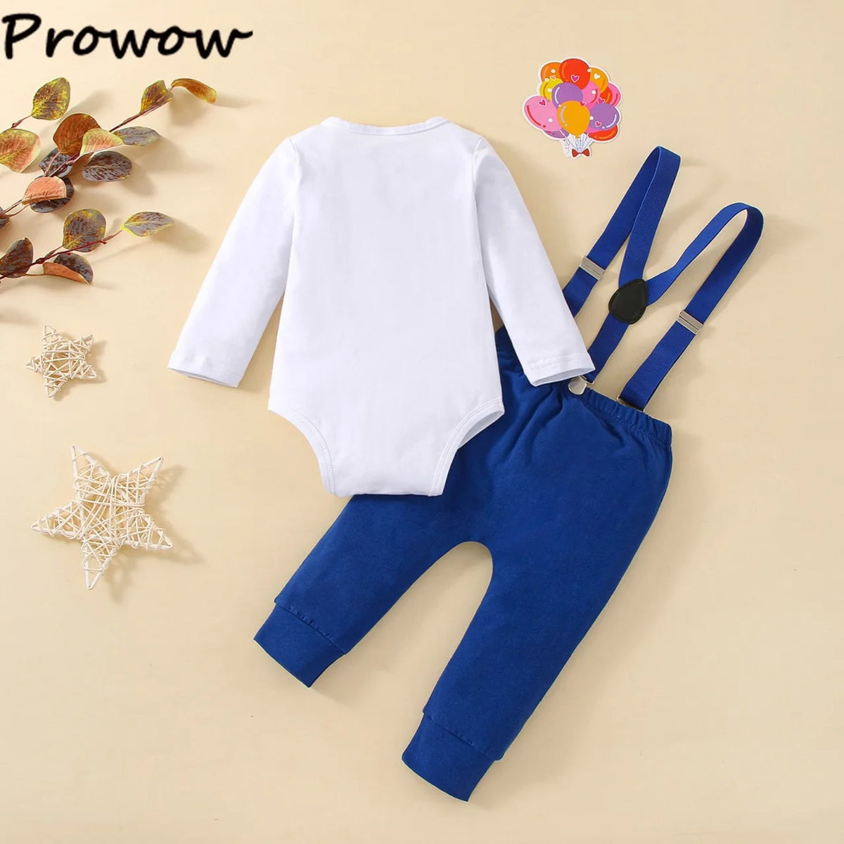 Prowow Baby Boy Cake Smash Outfits Balloon Letter"1" Romper and Y-back Strap Pants 3pcs Sets Baby Boy One Year Birthday Clothes