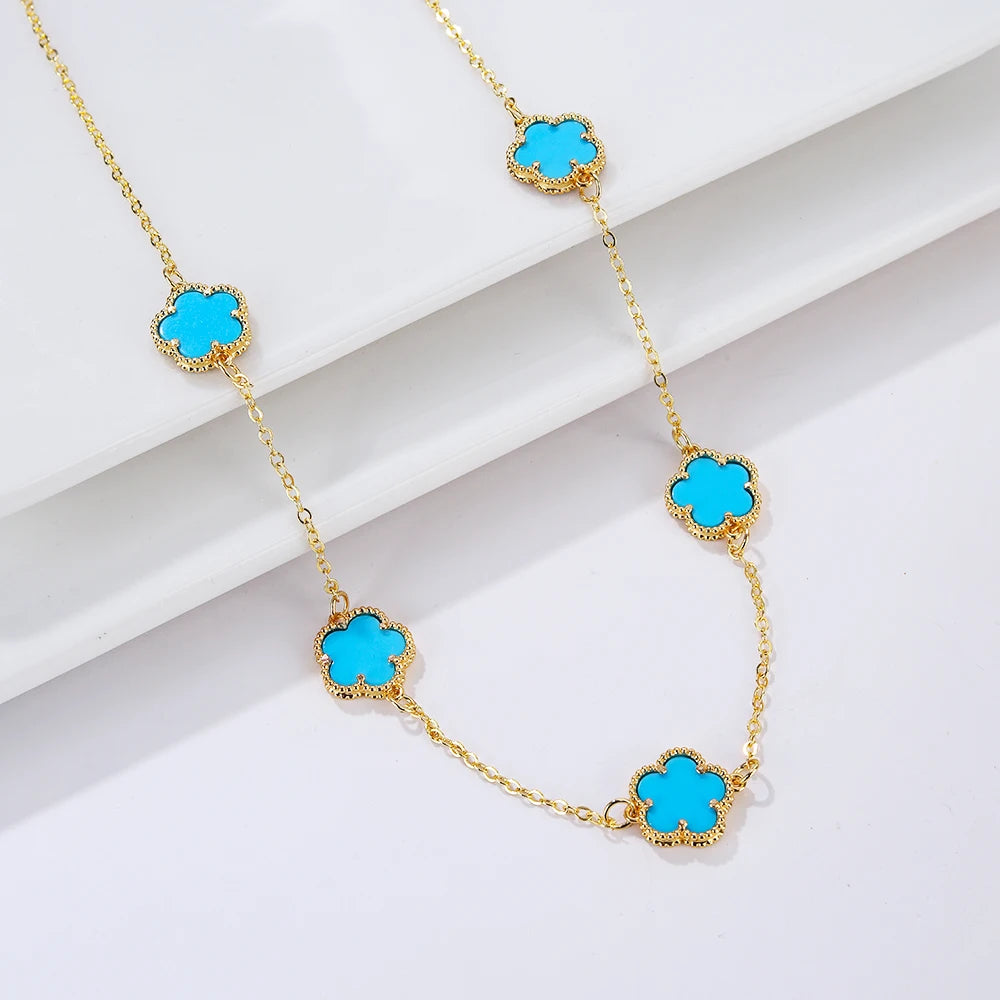 Double Sided Plum Blossom Natural Stone Hot Selling Plant Five Leaf Flower Pendant Necklace Collarbone Chain Woman Clover