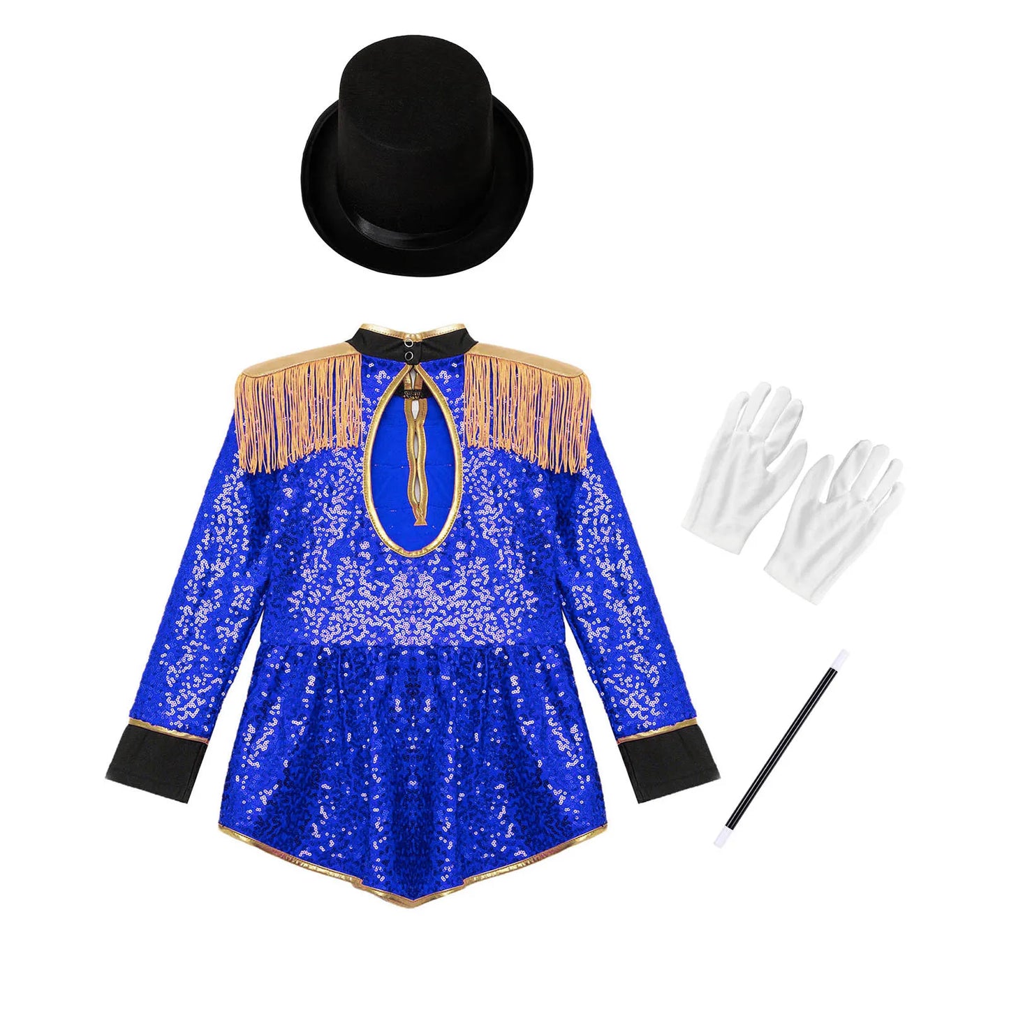 Kids Girls Circus Ringmaster Magician Drum Band Costume Sequins Bodysuit with Hat Gloves Wand Halloween Carnival Fancy Dress Up