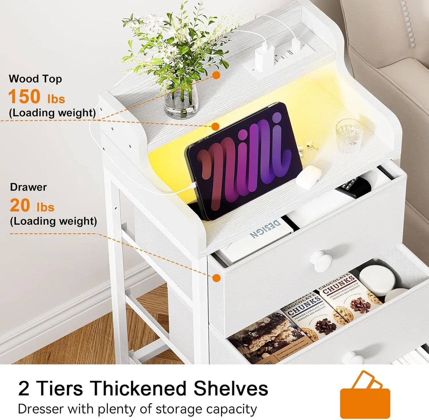 Dresser for Bedroom with Charging Station and LED Lights,6 Drawers Dresser White Chest of Drawers with Shelves, Tall Night Stand