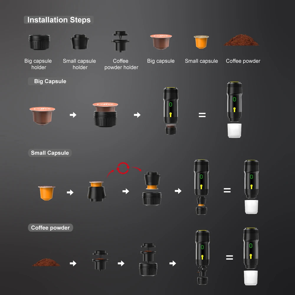 New Electric Portable Coffee Machine Portable Italian Espresso Machine for Car & Home 3-in-1 Capsule Powder Travel Coffee Maker