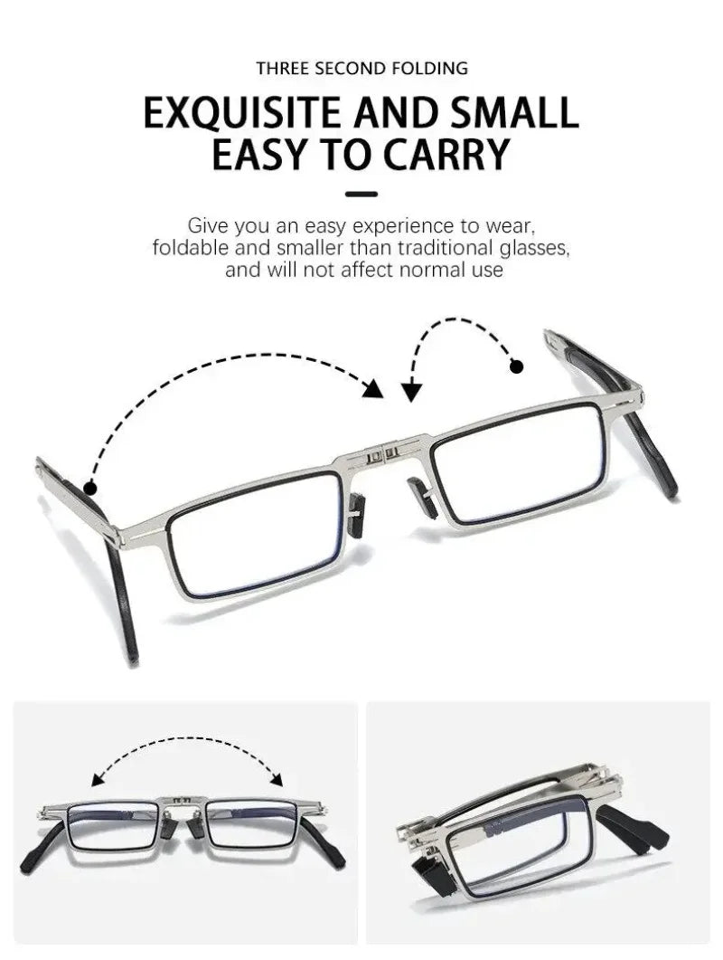 Unisex Folding Reading Glasses Transparent Lenses Full Metal Frame Anti Blue Light Comes with Case for Men and Women