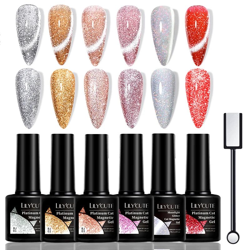 LILYCUTE 7Pcs/Set Cat Magnetic Gel Nail Polish Sparking Semi-Transparent Blue Purple Effect Soak Off UV Gel Varnish Nail Art Kit