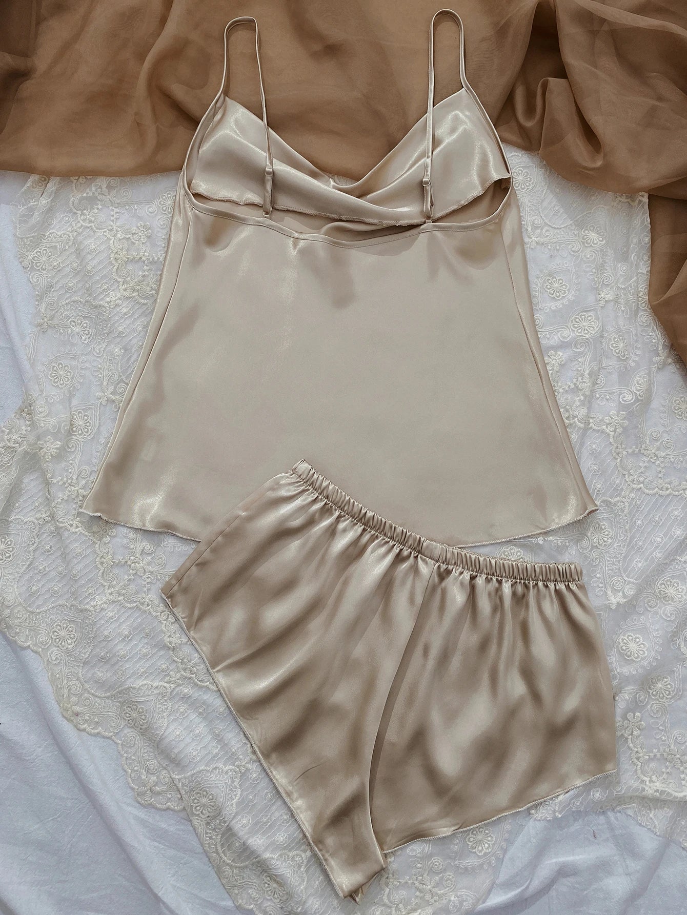 Solid Satin Pajama Set  V Neck Cami Top   Elastic Waistband Shorts Women's Sleepwear  Loungewear
