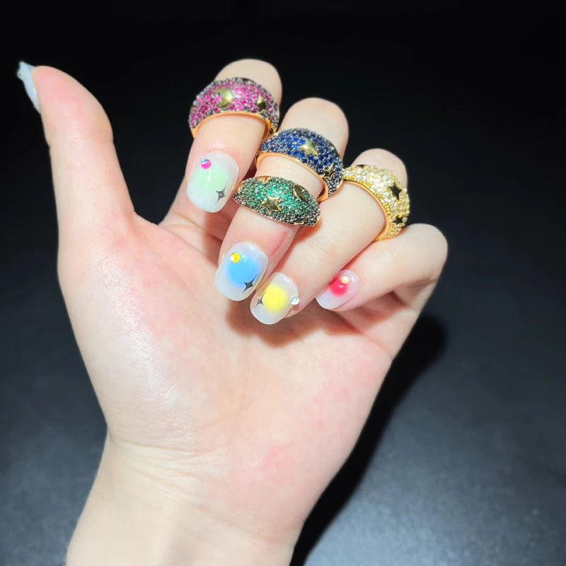 2025 Gold Color Rainbow Fashion Bling Moon Star Ring For Women Men Hip Hop Iced Out Paved Colorful Neon Enamel Luxury Jewelry