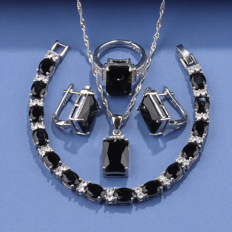 Rectangle 925 Silver Jewelry Accessory Fashion Vintage Original Set Of Earrings Women's Ring  Hand Bracelets Necklace Pendant