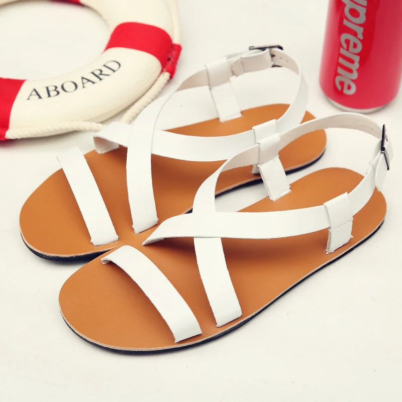 Mens Summer Breathable Leather Sandals Comfortable Roman Slippers for Outdoor Walking Casual Wear Non Slip