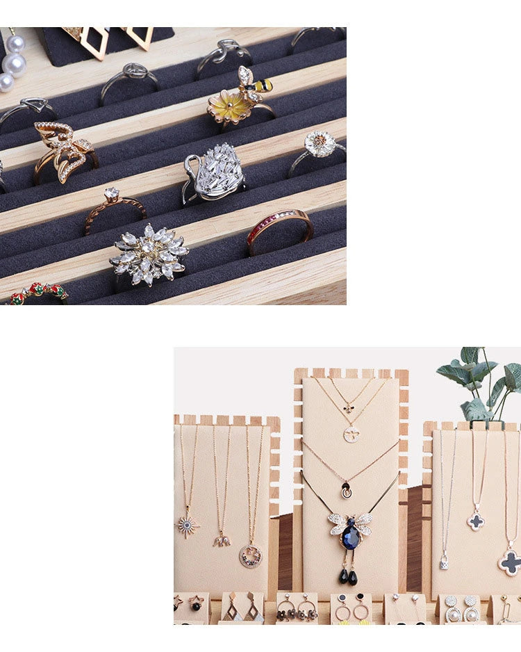 Wood Set Jewelry Counter Display Stand Necklace Pendant Holder Earring Ring Display Tray Props High-Capacity 39*25Cm