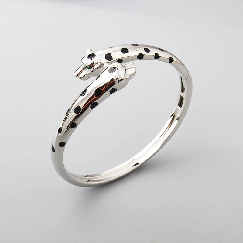 Luxury Fashion Cuff Bangle Charm Bracelet Brass Silver Color Czech Green Eyes Double Leopard Women Jewelry Gift New Arrivals