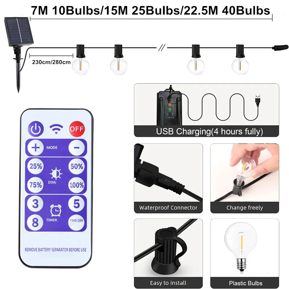 Solar String Lights, Globe Outdoor String Lights with LED Shatterproof Bulbs, Shatterproof Patio Lights for Outdoor Porch Garden