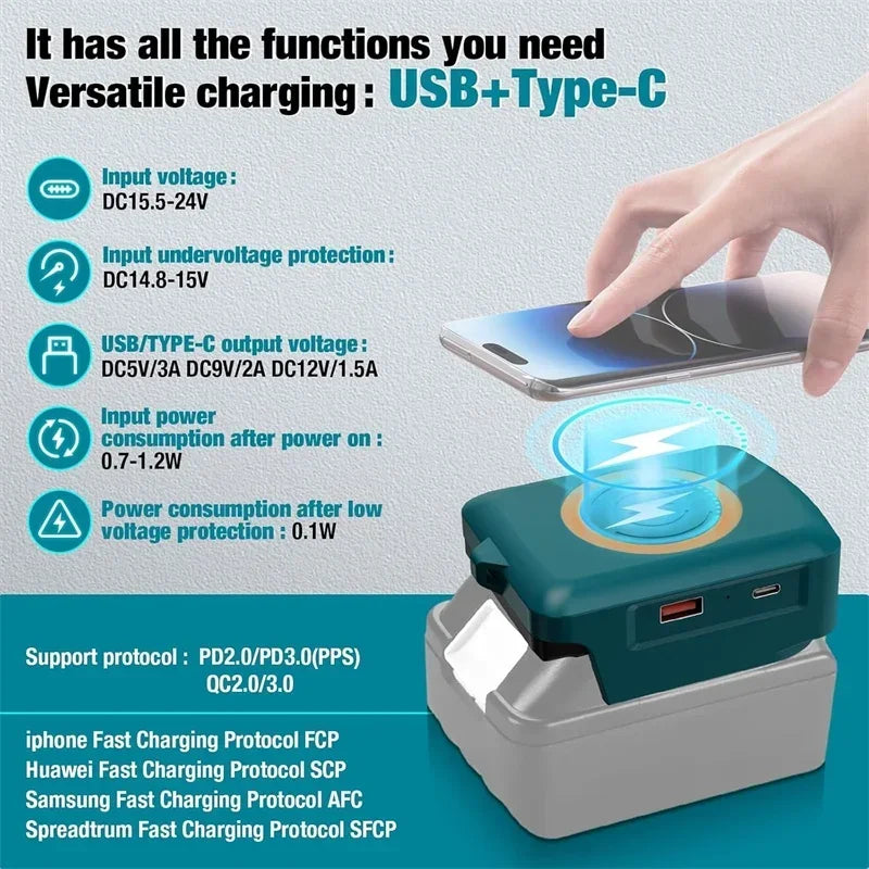 Wireless Charger Adapter for Dewalt 20V Battery,15W Max Wireless Charging Adapter with Type C &USB 2.1A Fast Charge Ports
