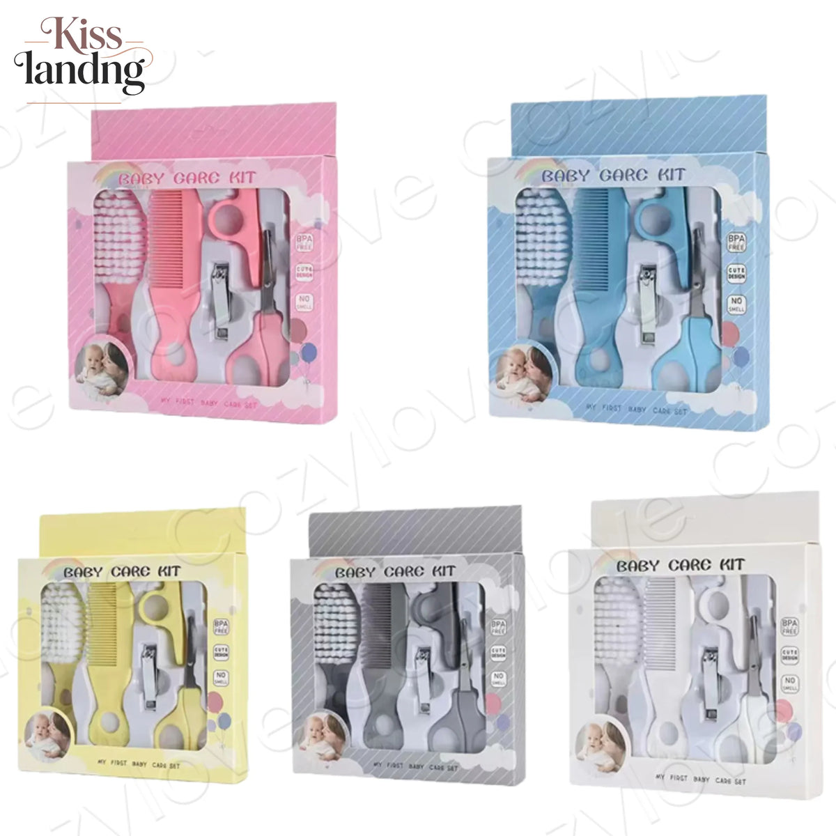 5 In 1 Baby Grooming Care Set, BPA Free Newborn Hair Brush Comb Nail Clipper Scissor File Kit, 5 Pastel Colors