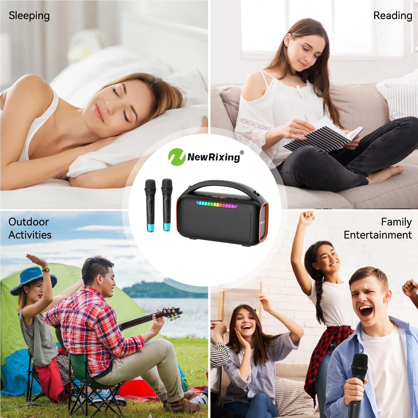 Karaoke machine with 2 mics,portable karaoke system,RBG light,30W,automatic connection when turned on,For BT5.3/USB/TF/AUX