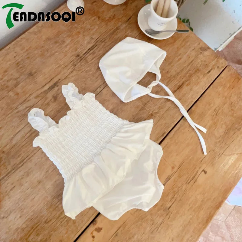 2024 Summer Newborn Infant Suit Kids Swimsuits Baby Girls Solid Color Suspenders Pleated Swim Dress+Shorts+Hat Todder 3Pcs Set