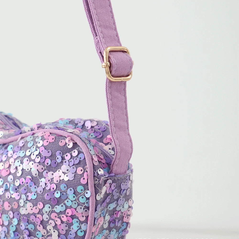 Glitter Heart Shape Crossbody Bag For Girls Purple Zipper Sequin Sling Bags For Women Outdoor Travel Mini Purse