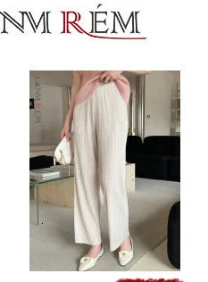 LANMREM patchwork design women's Pleated trousers elastic High Waisted Draped Straight Wide Leg Pants 2025 chic new 2DB3871