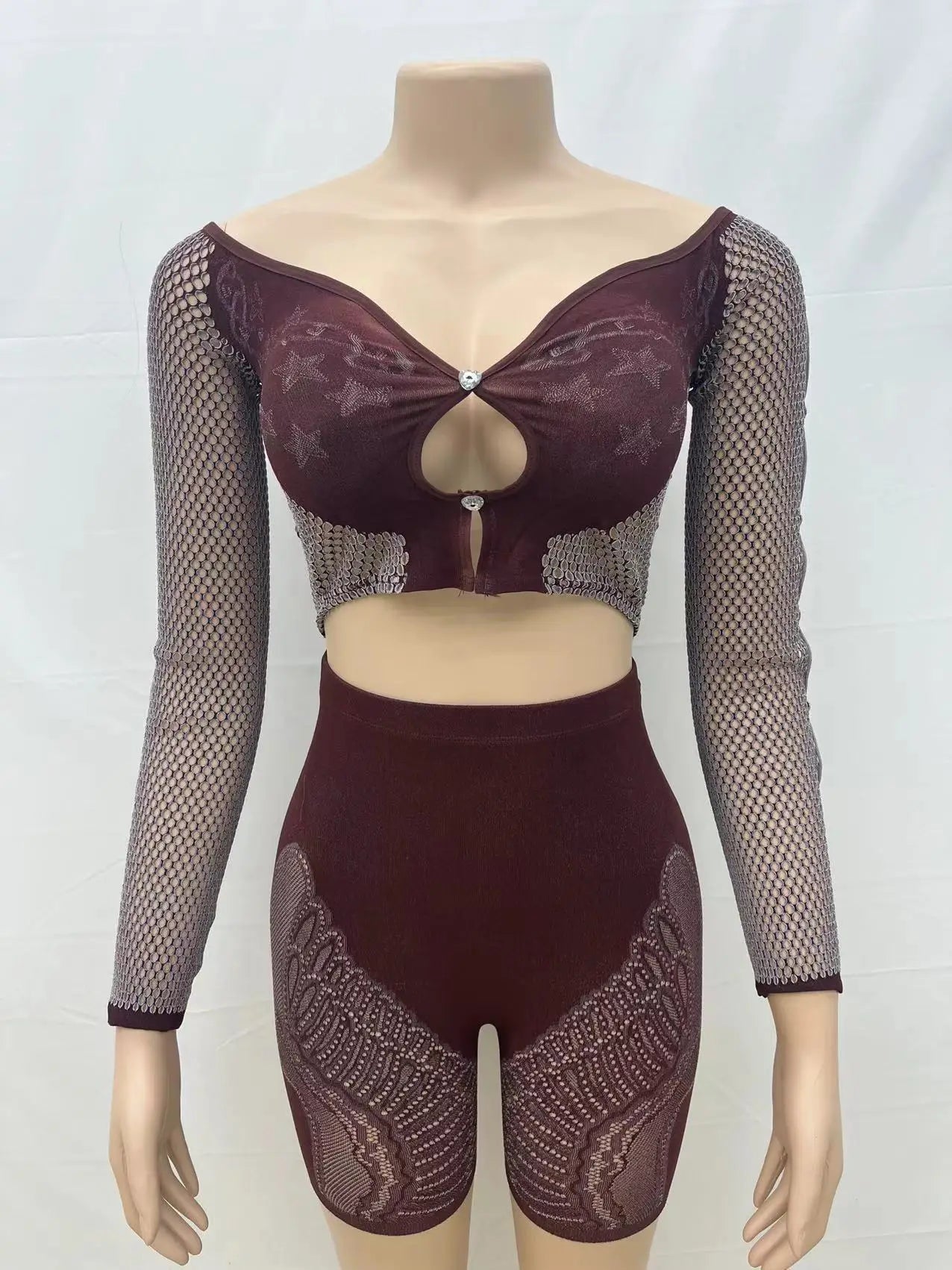 CM.YAYA Street Women's Set Full Sleeve Slash Neck T-Shirt and Shorts Suit 2024 Fall Hollow Out Two 2 Piece Set Outfit Tracksuit