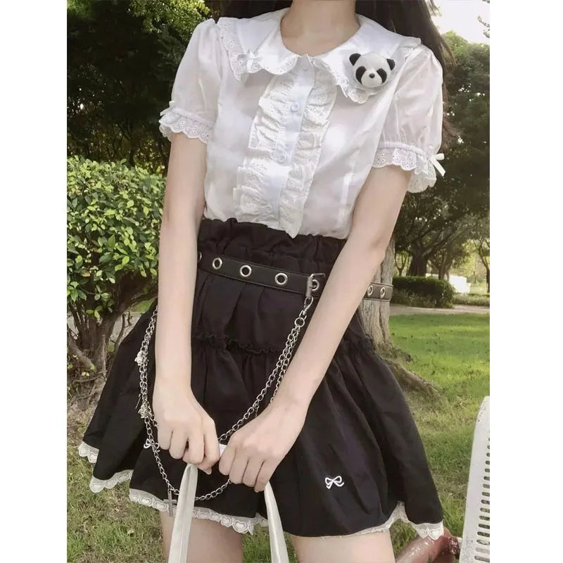 Deeptown Kawaii Lolita Blouses White Women Cute Lace Tops Ruffle Shirts Vintage Puff Sleeve Japanese Preppy Style Sweet Tops