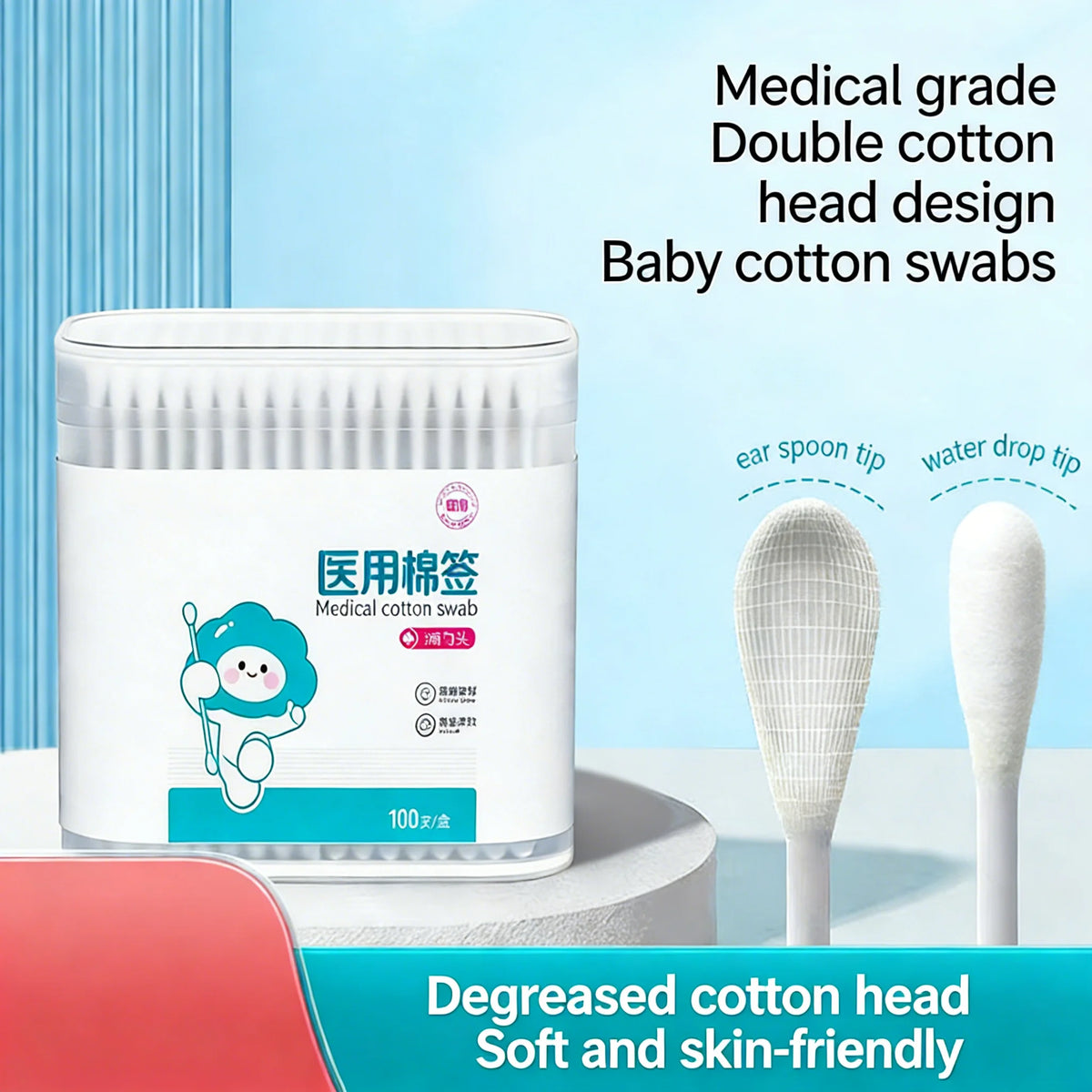 Sterile Baby Cotton Swabs Double-ended Spiral Head Multifunctional Soft Cleaning Sticks for Infant Ear Nose Cleaning Daily Care