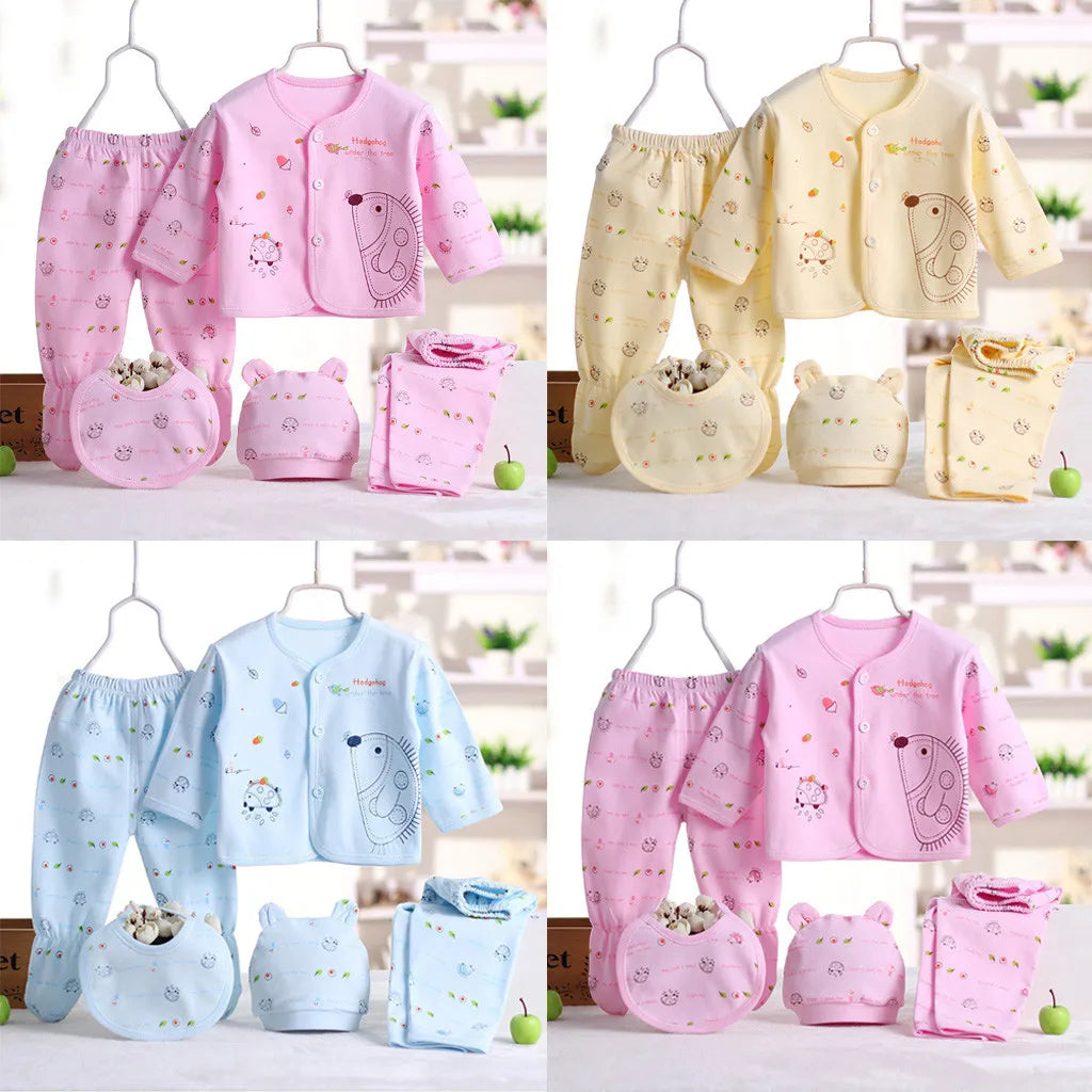 5PCS Newborn Baby Boy Girl Cartoon Long Sleeve Tops+Hat+Pants +Bib Outfit Set