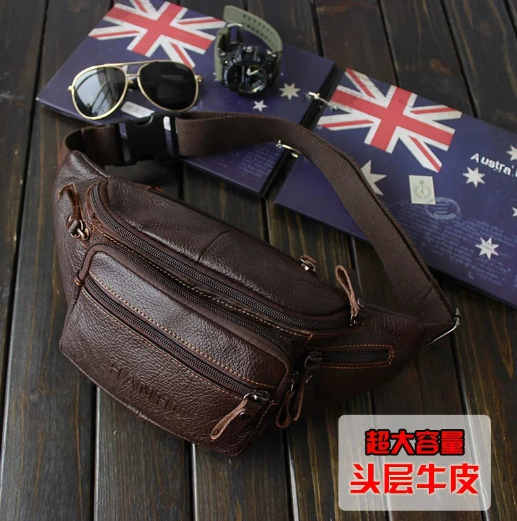 Genuine Cowhide Leather Waist Bag Men Funny Pack Belt bag Phone Pouch Multiple Pockets Hiking Running And Cycling fanny pack 가방