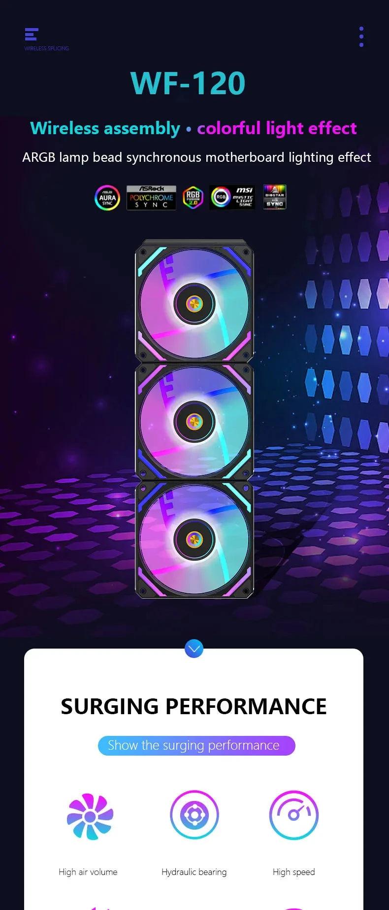 UPSIREN WF-120 ARGB PWM 3PCS Chassis fanARGB120mm/4PIN PWM/ Magic Color Wireless Stitching Computer heat dissipation fan