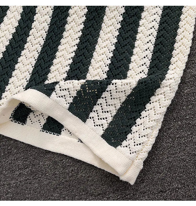 Men's Short Sleeve  Shirt Knitted Hollow out V-Neck Summer Breathable Stripe Pattern Versatile Casual T-Shirt