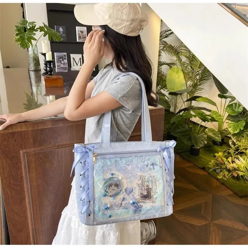 New Y2K Ribbon Bow Japanese Ita Shoulder Bag Cute Girl Transparent Pocket Large Capacity Crossbody Tote Bag DIY Display Handbags