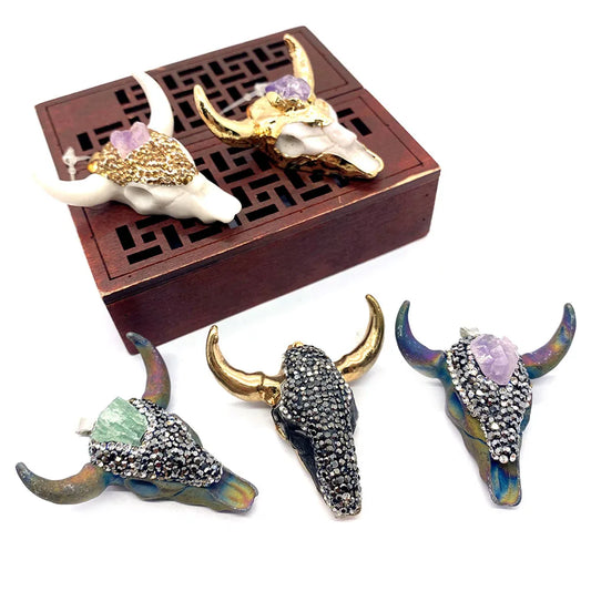 Skull Bull Pendants Natural Stones Acrylic Vintage Ethnic Multicolor Bull Head For DIY Jewelry Making Size 45x46mm Gift