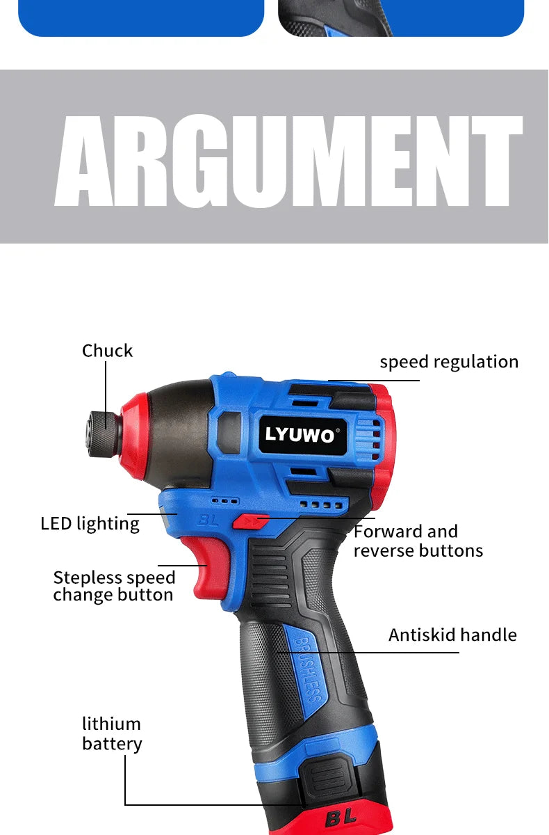 LYUWO 16V Electric Drill Screwdriver 160N.m impact Driver cordless drill Household Multifunction Hit Power Tools